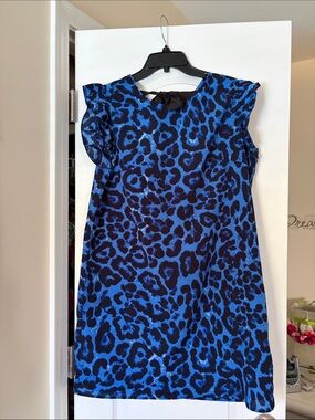 Blue and Black Leopard Print Ruffle Sleeve Mini Dress